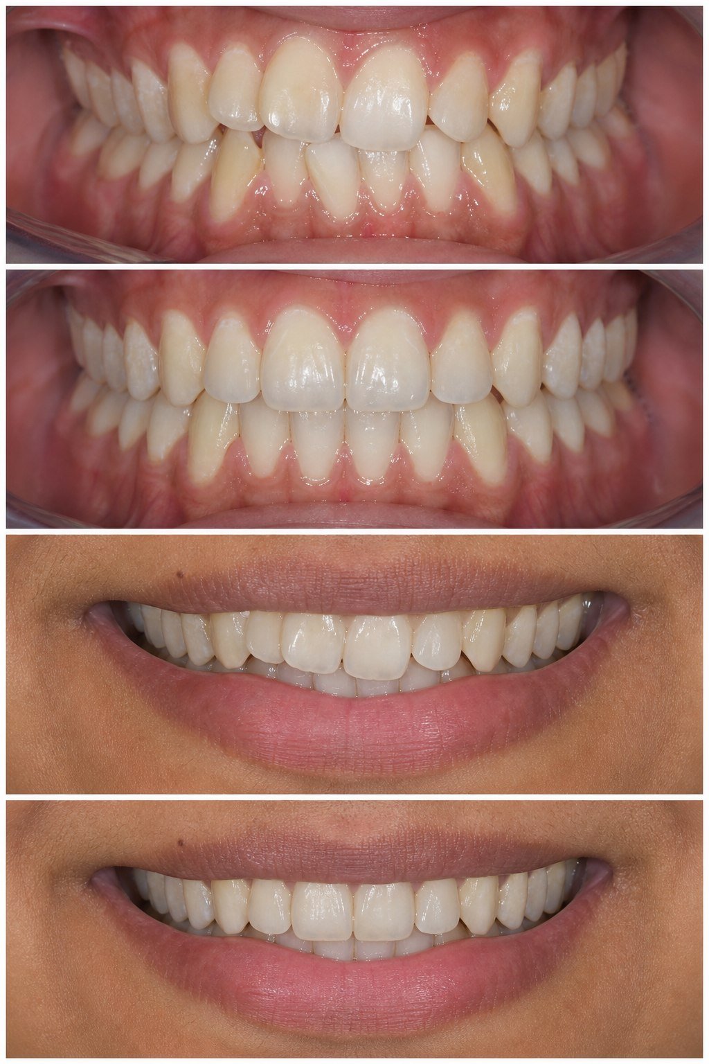 AI-generated illustrative Before and After collage showing front-teeth crowding and alignment