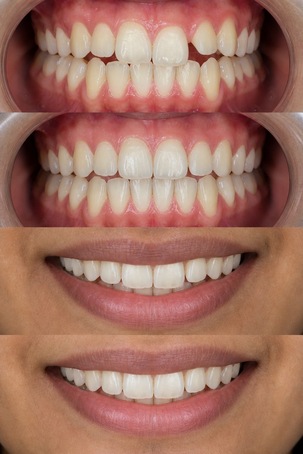 AI-generated illustrative Before and After collage showing mild relapse, crowding and rotated front teeth