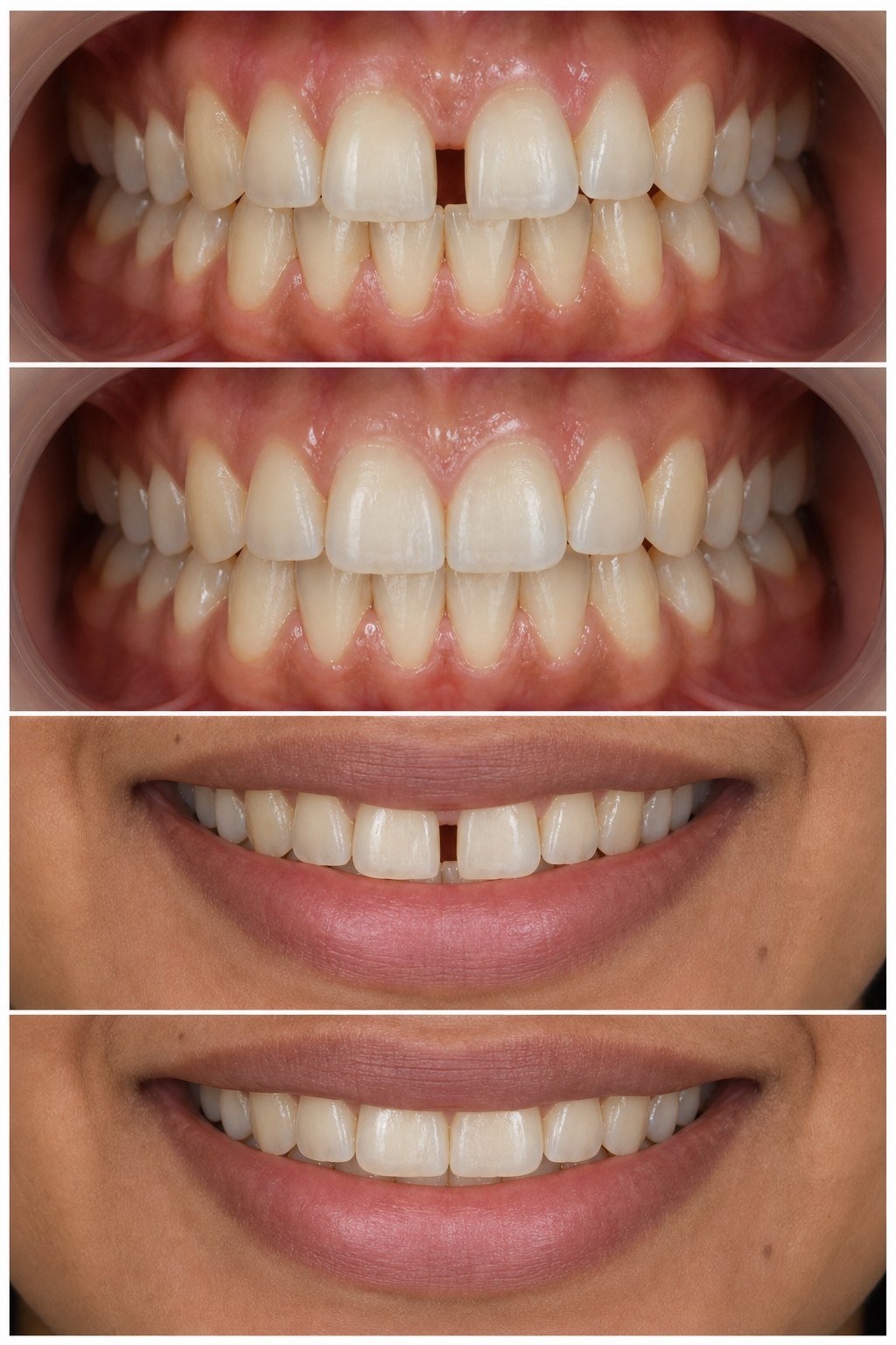 AI-generated illustrative Before and After collage showing a front-teeth gap and spacing closure