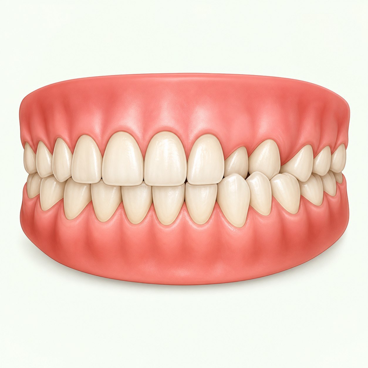 Educational dental illustration showing selected upper teeth biting inside lower teeth