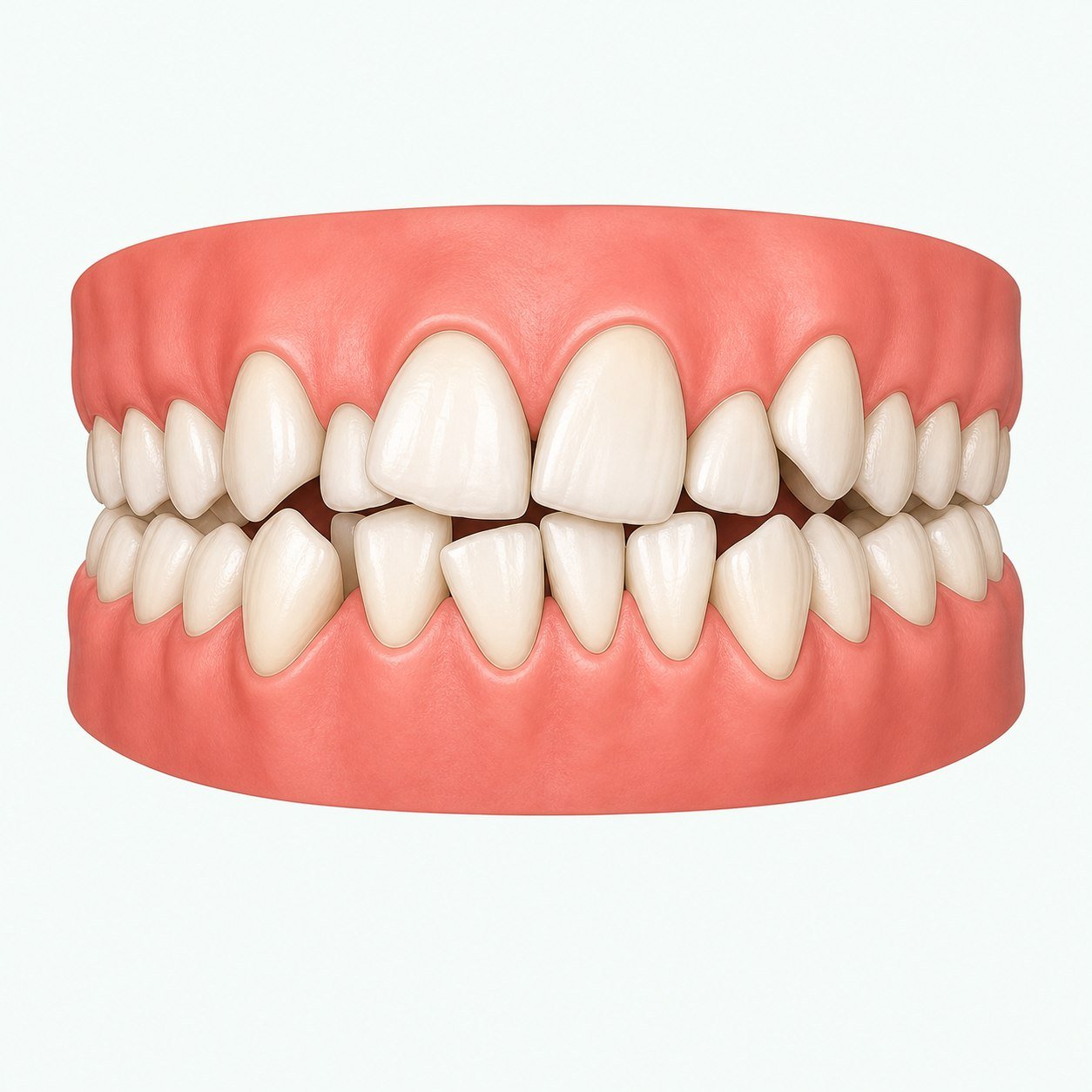 Educational dental illustration showing crowded and overlapping teeth