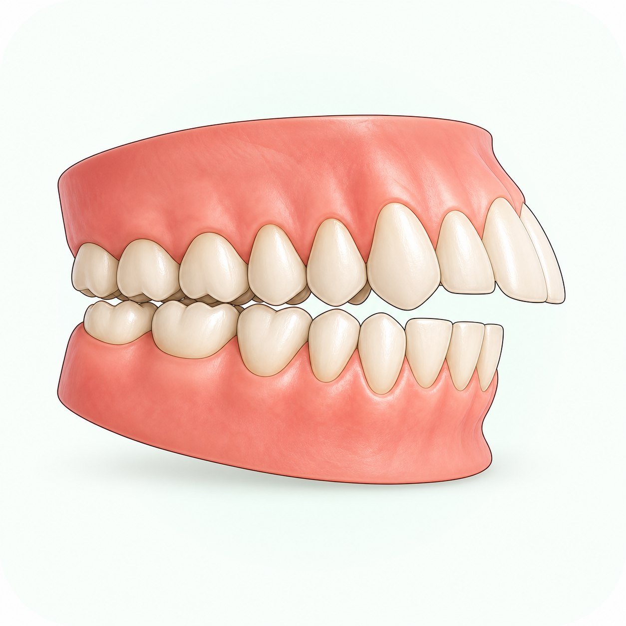 Educational side-view dental illustration showing forward-projecting upper front teeth