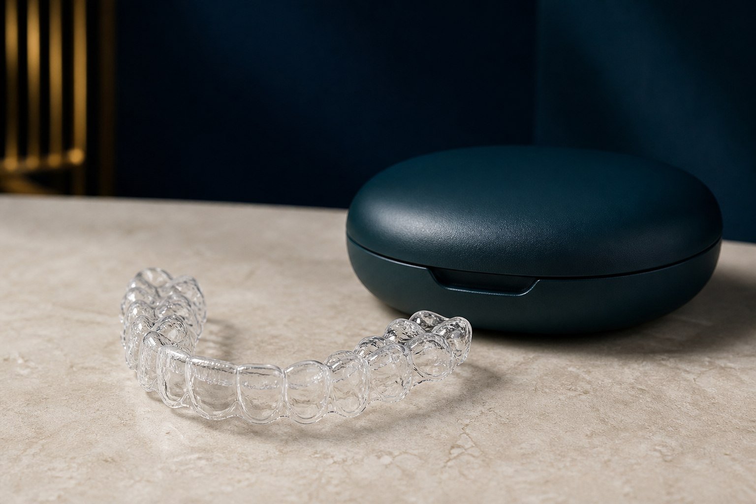 Unbranded clear aligner और dark-teal carrying case का product image